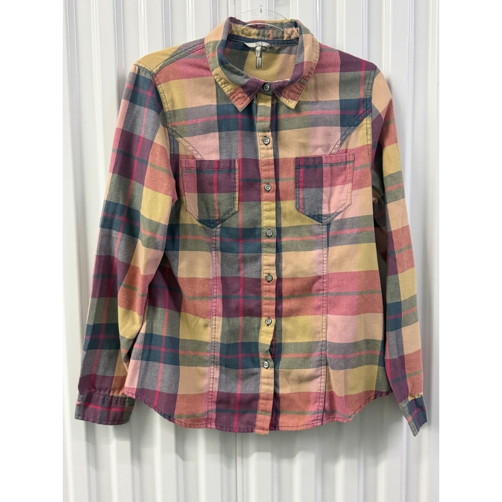 BKE Plaid Button Down Shirt Women Large Multicolor Excellent Eased Flannel Style